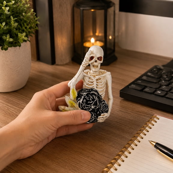 Halloween Decoration, Resin Skeleton Black Rose Figurine, Skull Ornament Home Decor for Shelf, Tabletop Party Decor, 5.11x3.54x1.96 in