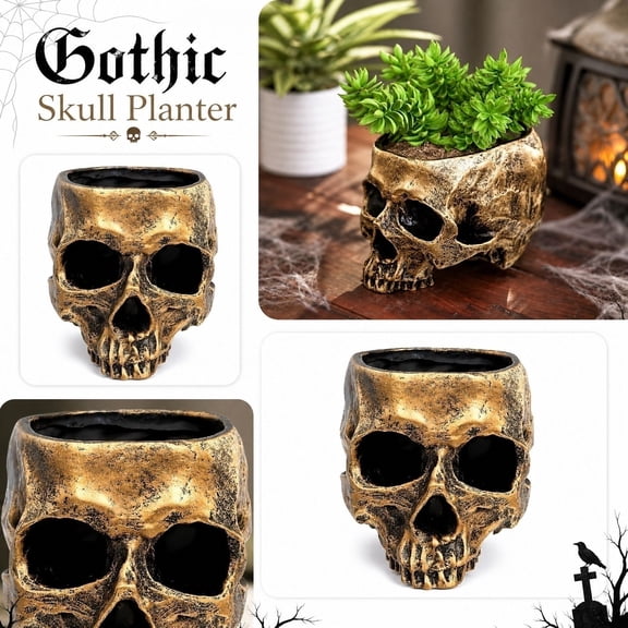Halloween Decoration Retro Human Skull Head Flower Pot Planter Bed Box Container Replica Home Bar Decor,Gold
