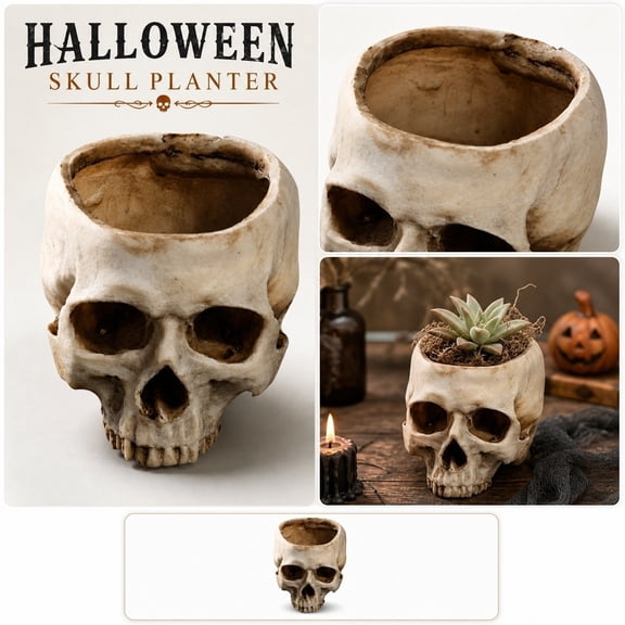 Halloween Decoration Retro Human Skull Head Flower Pot Planter Bed Box Container Replica Home Bar Decor,White