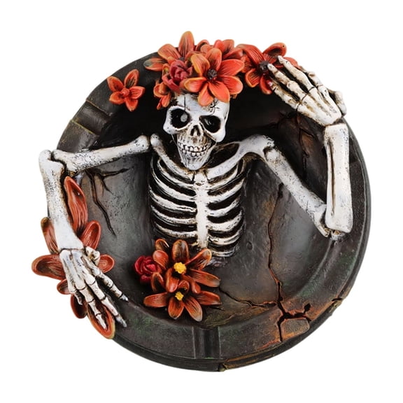 Halloween Decoration Skeleton Ashtray, Floral Skull Bowl Tabletop Home Decor for Mantel Shelf Party Display Accent, 4.52 in