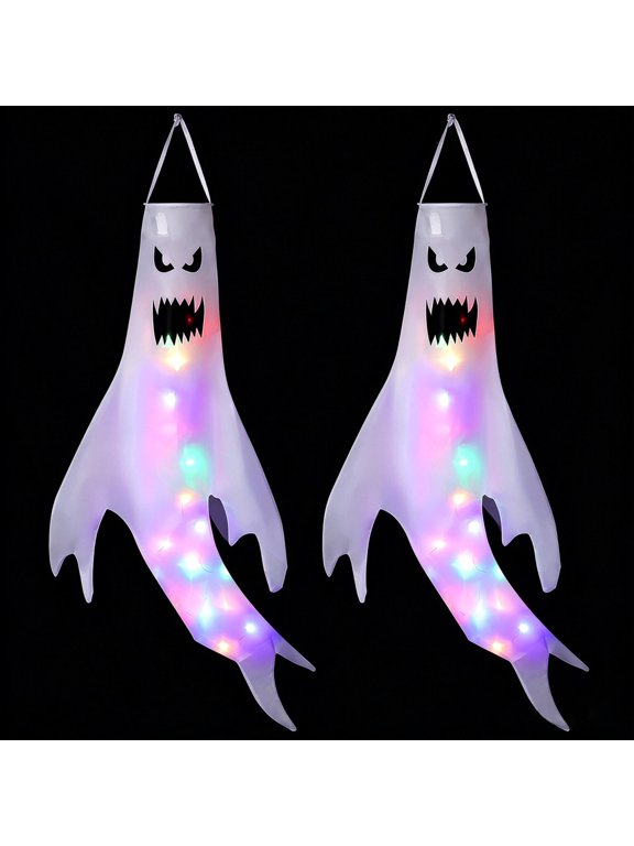 Ghost Windsocks Hanging Decorations, 2pcs LED Lights 49 inch Specter Ghost Windsock Flag Decor for Home Yard Outdoor Decor Party Supplies