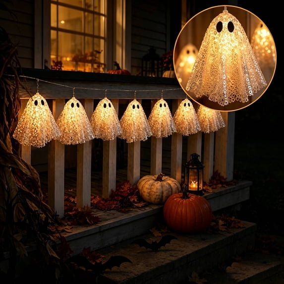 Halloween Decoration String Lights, Light up Ghost Garland, 6.5ft Battery Operated Ghost Lights with 10 LED for Mantle, Fireplace, Window, Porch, Party Indoor Outdoor Decor