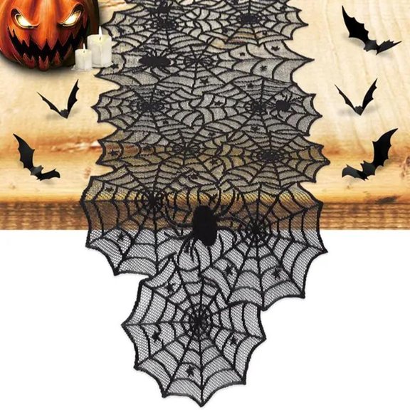 Halloween Decoration Table Runner with 12 Pack 3D Bats, Spider Web Black Lace Table Runner for Kitchen Dinner Table, Halloween Party Decoration Indoor