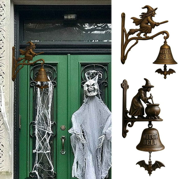 Halloween Decoration, Vintage Witch Doorbell – Cast Iron Halloween Protection Door Hangers Bell with Witch on Broom for Front Door, Porch, Home and Wall Decor (A)