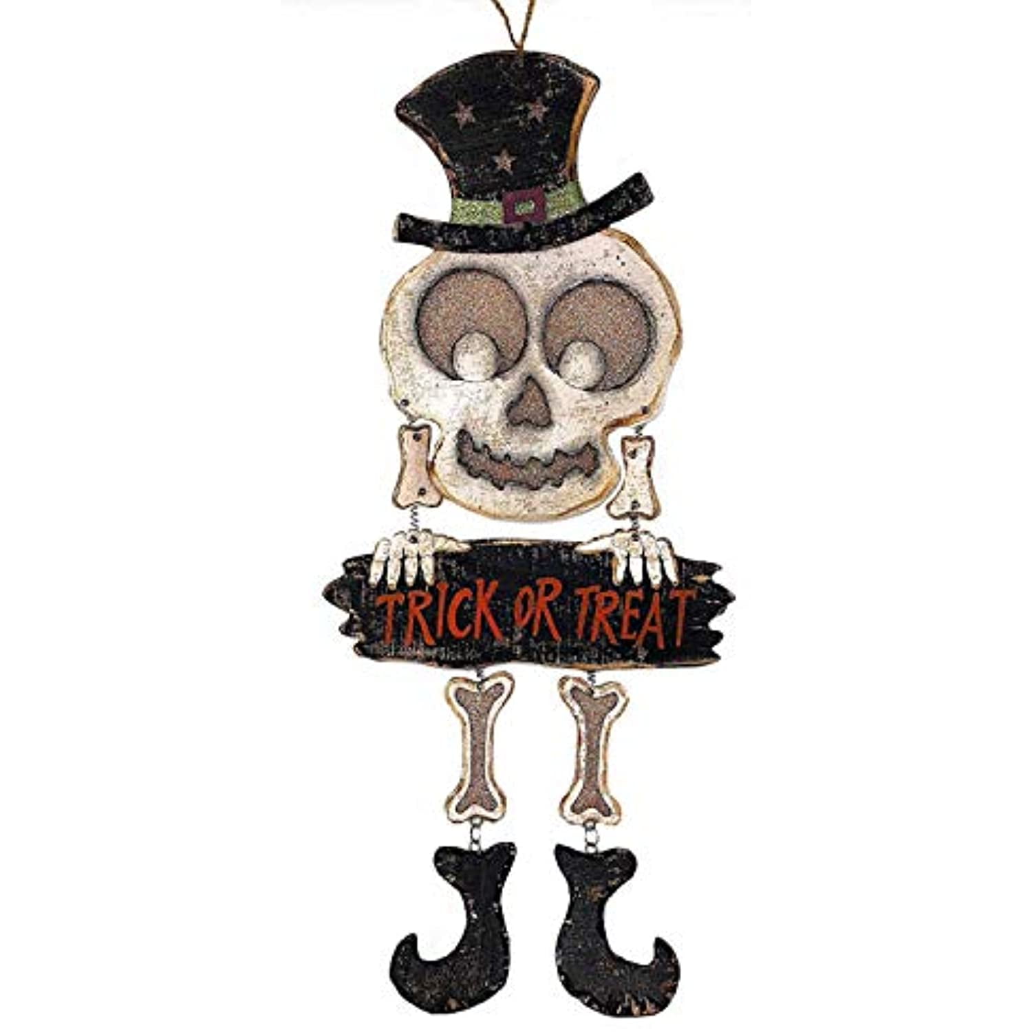 Halloween Decoration Wall Front Door Wreath Hanging Wood Metal Decor Indoor Outdoor 24" x 10.5" (Skeleton Trick or Treat)