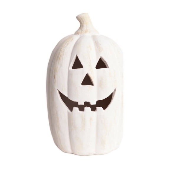 Halloween Decoration White Tall Jack O Lantern, Hollow Smiling Pumpkin Tabletop Accent for Mantel, Porch and Party Display, 9.84 in