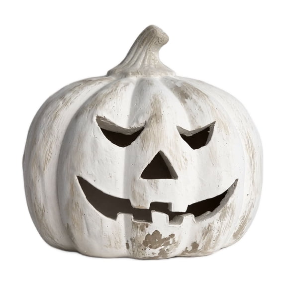Halloween Decoration White Wide Jack O Lantern, Hollow Angry Pumpkin Tabletop Accent for Mantel, Porch and Party Display, 7.87 in