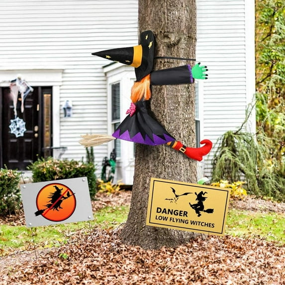 Halloween Decoration Witch Tree Decor, Crashing/Flying Witch into Tree, Broom Gold Hair for Door Porch Pole Garden Ornaments