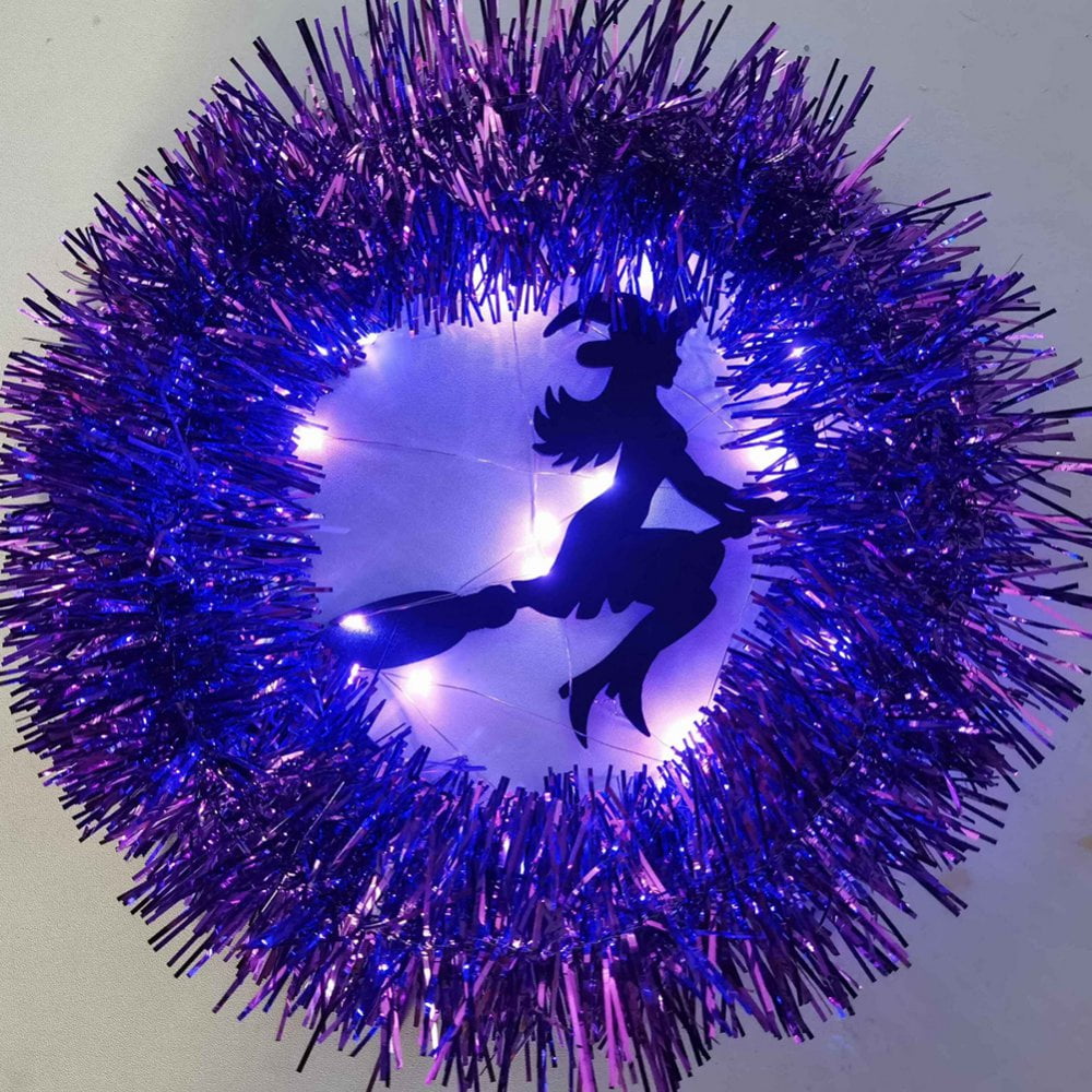 Halloween Decoration Witch Wreath LED for Front Door Purple Artificial Wreath LED Witch Wire Wreath Halloween Indoor Outdoor Led Decoration