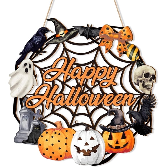 Halloween Decoration Wooden Ghost Door Halloween Wreath for Front Door Sign Wall Signs Decor, Pumpkin Black Cat Wreaths Sign Hanging for Home Wall Decor Outdoor Indoor Farmhouse Party Supply