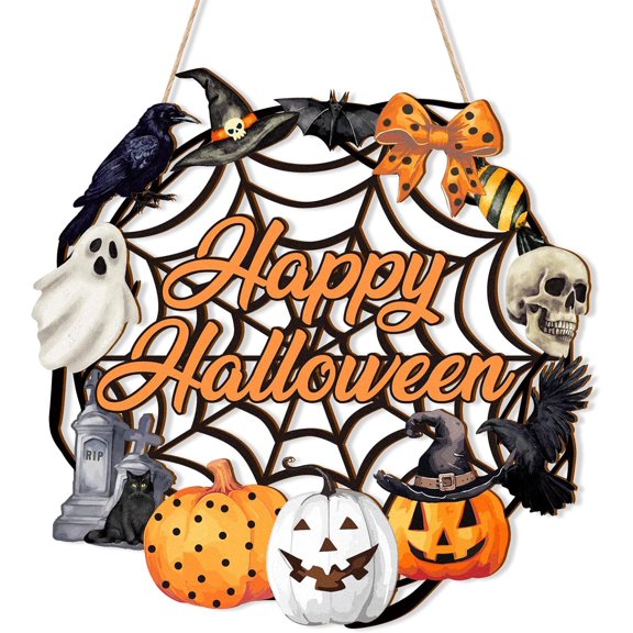 Halloween Decoration Wooden Ghost Door Halloween Wreath for Front Door Sign Wall Signs Decor, Pumpkin Black Cat Wreaths Sign Hanging for Home Wall Decor Outdoor Indoor Farmhouse Party Supply