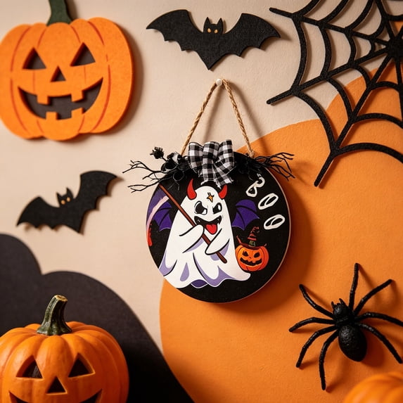 Halloween Decoration Wooden Ghost Door Sign, Spooky Hanging Ornament with Bow, Pumpkin and Bat Motif, for Front Door, Wall, Porch, Indoor and Outdoor Halloween Party Display