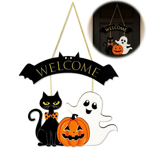 Halloween Decoration Wooden Ghost Door Sign for Front Door Pumpkin Black Cat Happy Halloween Wall Sign Hanging for Home