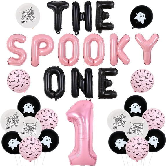 Halloween Decoration for a Girl's 1st Birthday, Pink and Black Balloons, Ghost 1st Birthday Banner, Bat Spider Aluminum Balloon No.1 Girl
