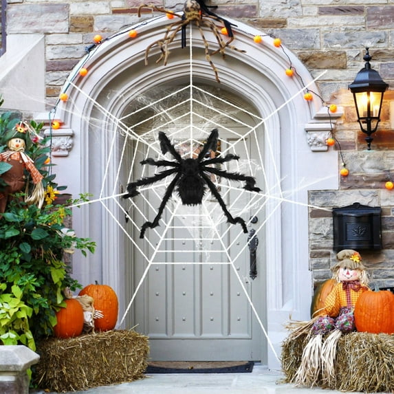 Halloween Decorations, 10.5 FT Giant Round Spider Web and 59" Fake Large Hairy Spider Props Scary Halloween Yard Door & Outdoor Decor with Super Stretch Cobweb Decorations Party Favors