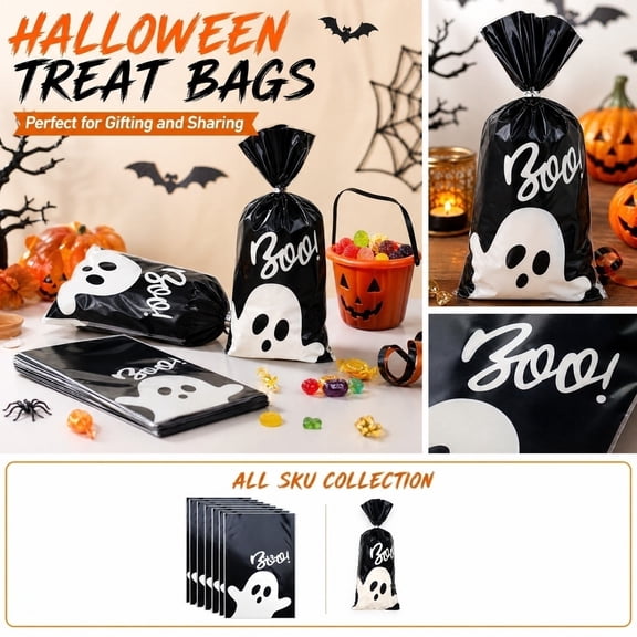 Halloween Decorations-100Pcs Halloween Clear Candy Bags Decor,Boo Ghost Print Transparent Snack Packaging Bags,Bakery Dessert Treat Gifts Storage Bags Halloween Supplies