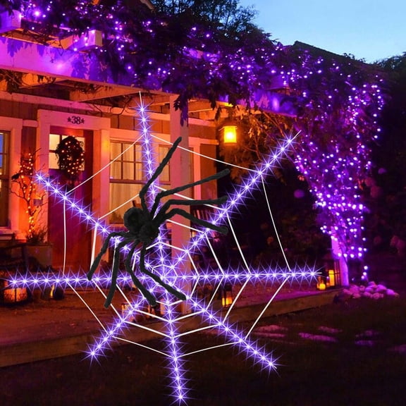 Halloween Decorations, 12 FT Spider Web Lights with Black 35.43in Spider, 120 LED Waterproof Net Lights Cobweb for Yard House Garden Outdoor Indoor Party Haunted Decor