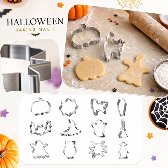 Halloween Decorations 12-Piece Stainless Steel Cookie Cutter Set with Pumpkin, Ghost & Bat Shapes for Baking & Fondant Crafts