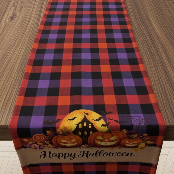 Halloween Decorations - 13x72" Happy Halloween Checkered Table Runner | Halloween Party Favors Home Decor - Halloween Tablecloth Backdrop for Fall Kitchen Dining Indoor Outdoor Decorations