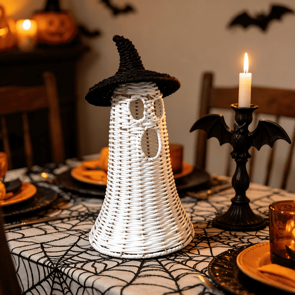 Halloween Decorations 14" Woven Rattan Ghost Halloween Decoration, Wicker Ghost Figurine with Black Witch Hat, Spooky Farmhouse Indoor Tabletop Mantel Shelf Decor