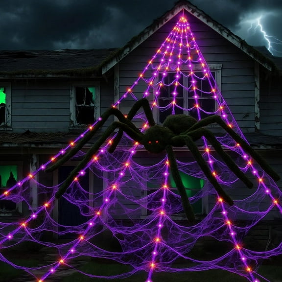 Halloween Decorations, 16.4FT Diameter Spider Web Lights with Black 5FT Spider, 250 LED Waterproof Net Lights, Remote Control, 8 Modes Cobweb for Yard House Garden Outdoor Indoor Party Haunted Decor
