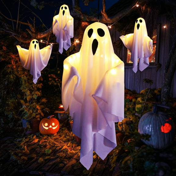 Halloween Decorations 19.6" Hanging Ghosts Light Up Kit Decor Warm LED Ghost Light Indoor Bedroom Wall Outdoor Fall Party Garden Patio Front Porch Yard Scary Cute Halloween Ghost Decor Gifts,5PCS
