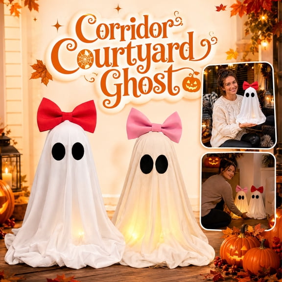 Halloween Decorations – 19.69" Glowing Ghost Figure with Bow, Illuminated Fabric Specter for Indoor Tabletop & Outdoor Porch Display Pink