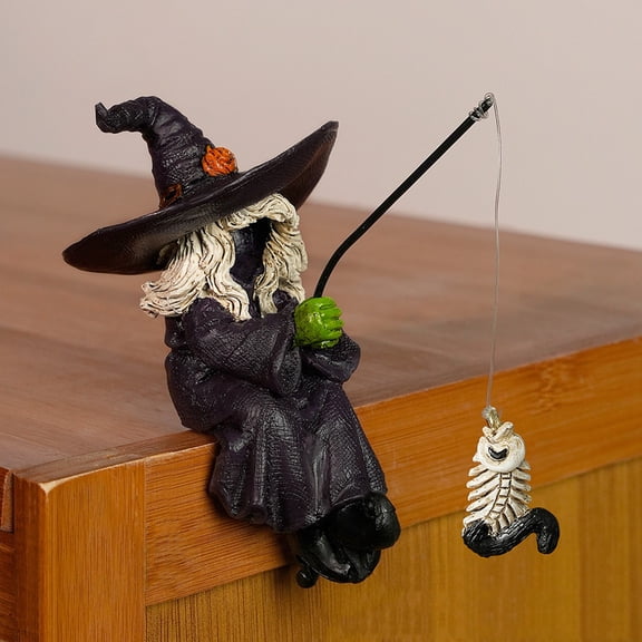 Halloween Decorations 1PCS Witch Fishing Skeleton Fish Resin Figurine, 4.92" Tabletop Decor for Spooky Home/Party