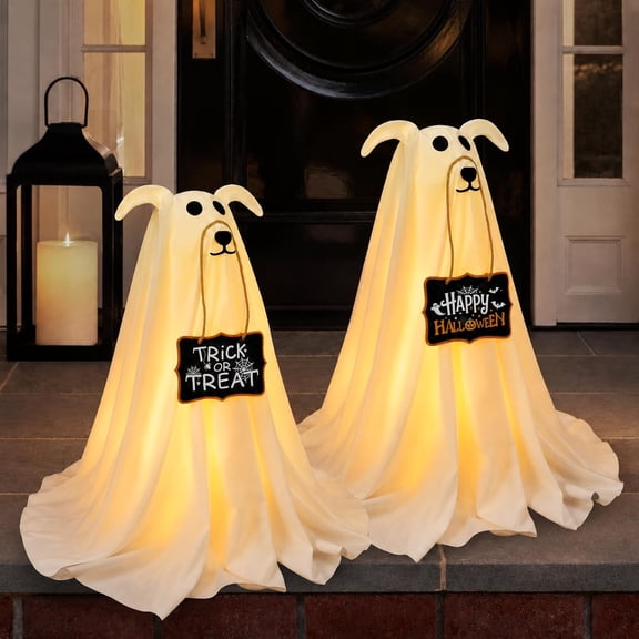 Halloween Decorations, 2 Pack 2.3 FT Light-Up Spooky Ghost Dog with 2 Sign | Halloween Ghost Dog Decorations Outdoor, Halloween Decorations Indoor, Remote Control Ghost Decor for Porch Yard Lawn Home