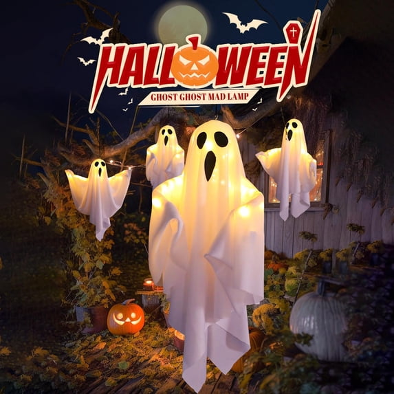 Halloween Decorations 20" Hanging Ghosts Light Up Decor Warm LED Ghost Light Bedroom Wall Indoor Outdoor Fall Party Garden Patio Front Porch Yard Halloween Ghost Decor Gifts