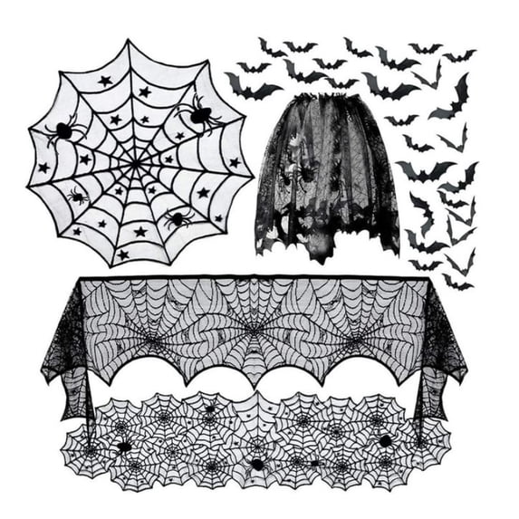 Halloween Decorations, 20 Pcs Happiwiz Halloween Round Tablecloth/ Table Runner/ Fireplace Mantel Scarf/ Lamp Shade Cover, Black Lace Spider Cobweb with 16 pcs Scary 3D Bat for Halloween Party Decor