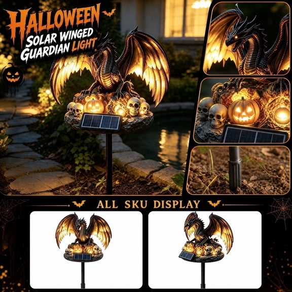 Halloween Decorations-23 Inch Halloween Resin Winged Dragon Solar Lights Outdoor,Skull Pumpkin Rock Base Dragon Pathway LED Lights Stake Lights,Halloween Decor Yard Decorations Outdoor