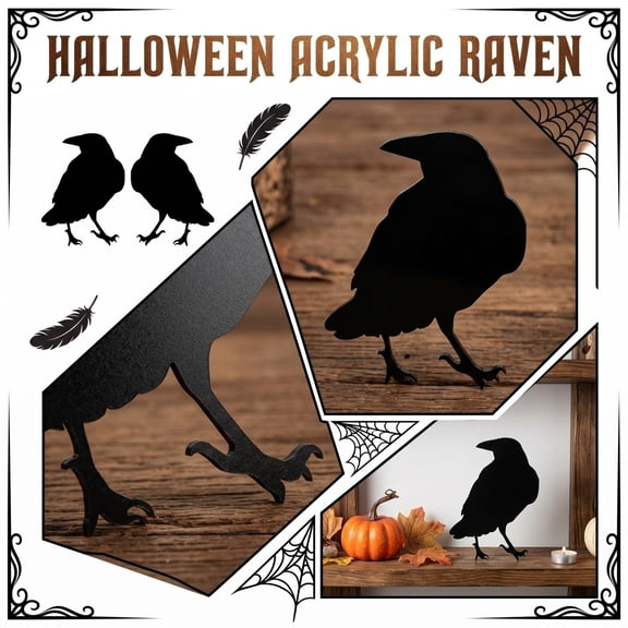 Halloween Decorations 2D Black Acrylic Raven Silhouette, 7.87 Inch Gothic Bird Statue for Mantel & Shelf Display