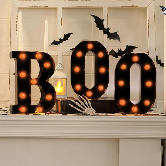 Halloween Decorations 3 Led Marquee Boo Light Up Letters, Marquee Sign for Indoor Halloween Decor, Fireplace Mantel, Tabletop, Bedroom, Wall or Holiday Display