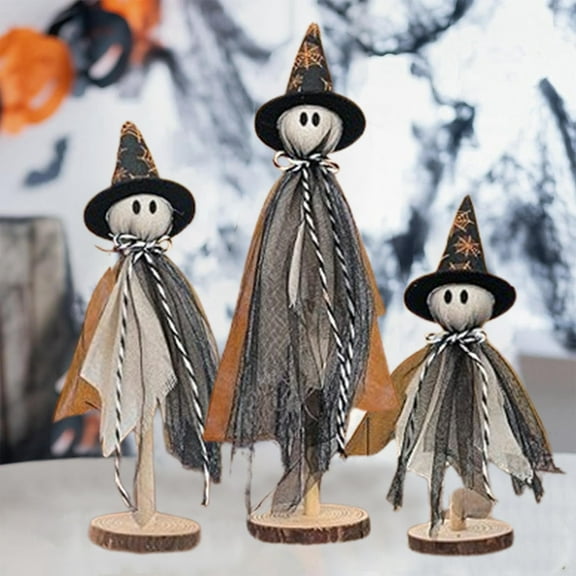 Halloween Decorations 3 Pack Ghost Decor with Witch Hats on Wooden Stand Halloween Table Decor Table Centerpieces 7 Inch 5 Inch 3 Inch