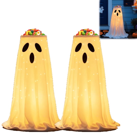 Halloween Decorations, 32inch Glowing Ghost Candy Holder Bowl, Stand Lighted Witches Ghost Cauldron Pot, Lighted Candy Holder Bucket for Halloween Front Door Porch Decor(2PC)