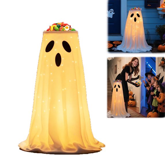 Halloween Decorations, 32inch Glowing Ghost Candy Holder Bowl, Stand Lighted Witches Ghost Cauldron Pot, Lighted Candy Holder Bucket for Halloween Front Door Porch Decor(1PC)
