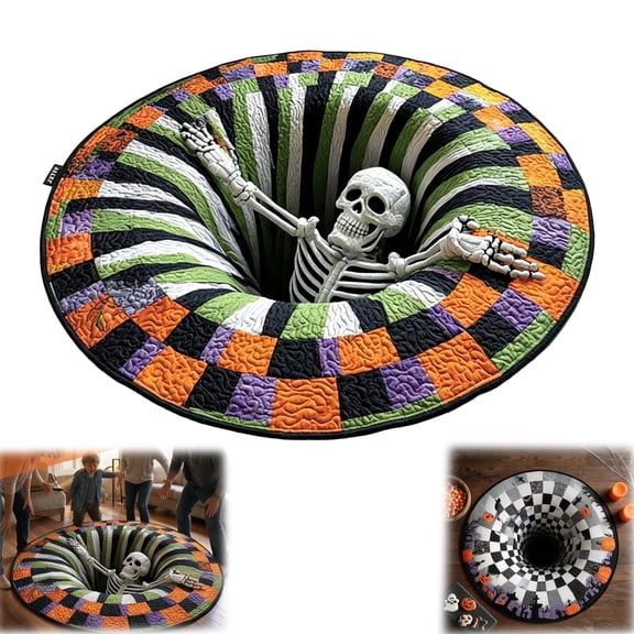 Halloween Decorations 3D Optical Illusion Rug, Non-Skid Horror Area Mat for Bathroom Bedroom, 3D Skeleton Vortex Quilted Modern Decor (A-23.62*23.62in)