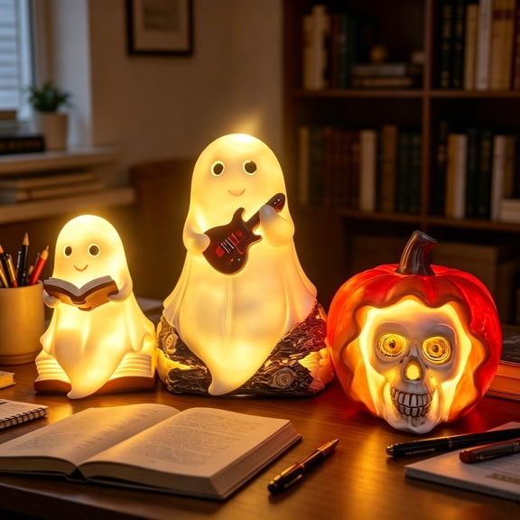 Halloween Decorations 3PCS Ghost Decor Lighted Ghost Reading Book Figurines Pumpkin Skull Lamp Guitar Ghost Night Light Indoor Tabletop Decor, Book Lovers Gifts Housewarming Gifts
