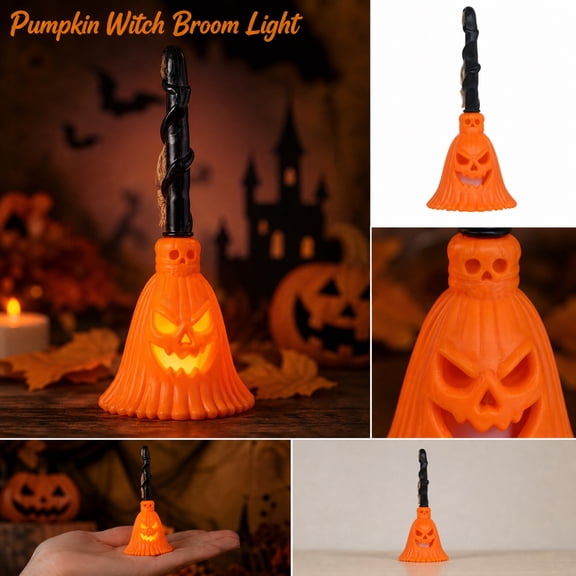 Halloween Decorations-4.72in Witch Broom Pumpkin Light,Spooky Face Broom Shaped Pumpkin Lamp,Small Desktop Decor for Halloween Table Shelf Fall Party Scene Ornament Halloween Supplies