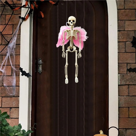 Halloween Decorations 40cm Hanging Skeleton with Pink Feather Wings, Plastic Halloween Ornament for Spooky Home & Party Decor