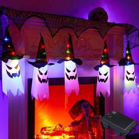 Halloween Decorations-5 PCS Witch Hat Hanging Lighted Glowing Ghost,with LED String Lights Battery Operated Glowing Witch Hat for Garden,Yard,Tree,Indoor Outdoor Halloween Decor