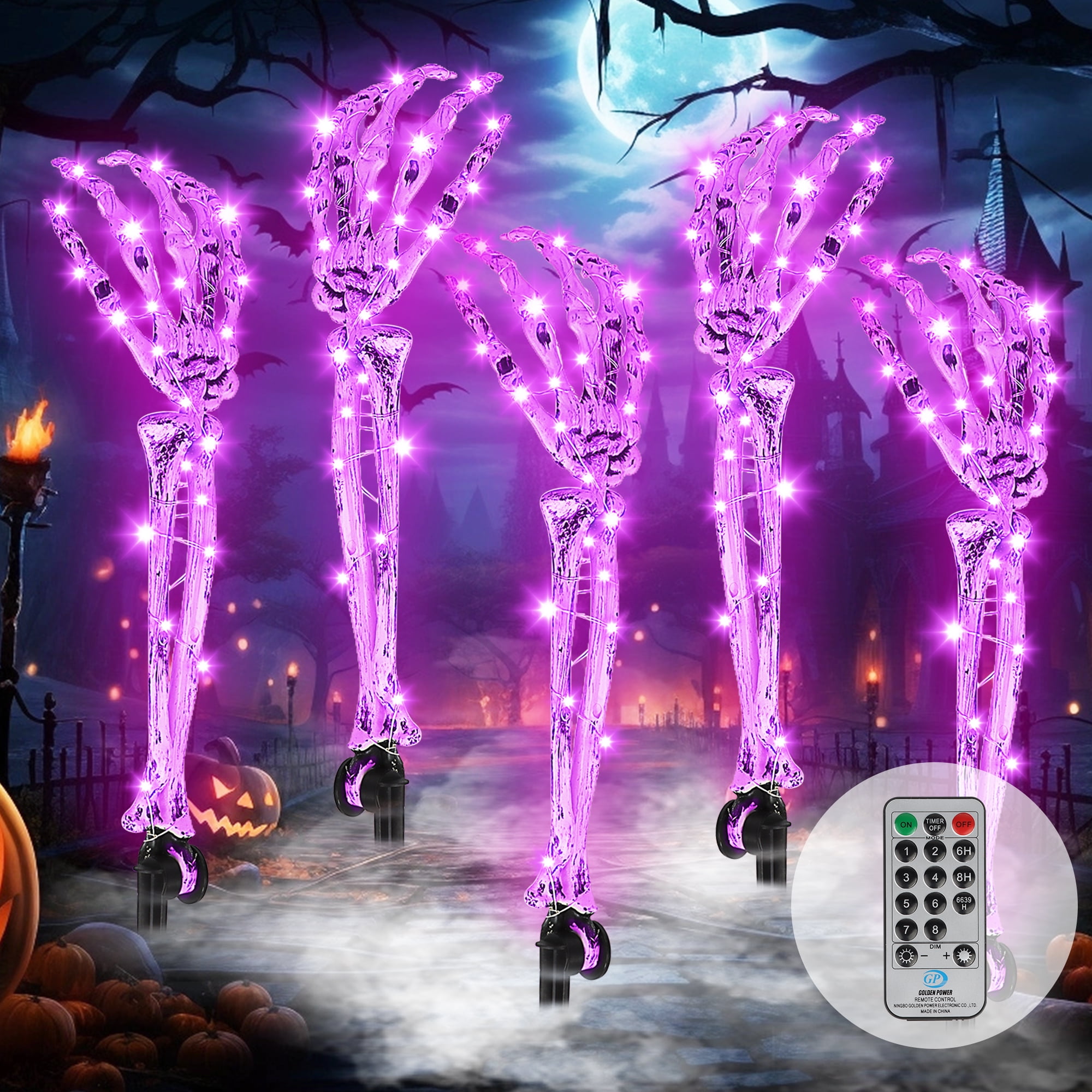 Halloween Decorations, 5 Pack Lighted Skeleton Arm Stakes with RC, Hapyland 10 ft Waterproof Skeleton LED Hands with 8 Lighting Modes, Scary Halloween Party Props Outdoor Yard Ornament -Purple