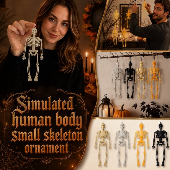 Halloween Decorations, 6 Inch Mini Skeleton, Orange Plastic Skeleton, Hanging Skeleton Decoration, Humanoid Small Skeleton Figurine, Dual-Use for Hanging Display and Desktop