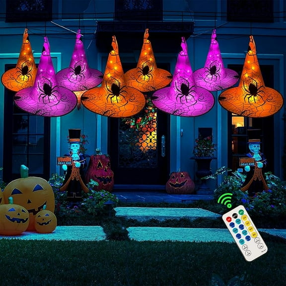 Halloween Decorations 8 Pcs Lighted Hanging Witch Hats, Remote Control with 8 Modes Light Up 14 FT Halloween String Lights, for Indoor Outdoor Yard, Lawn, Graveyard Scenes Party