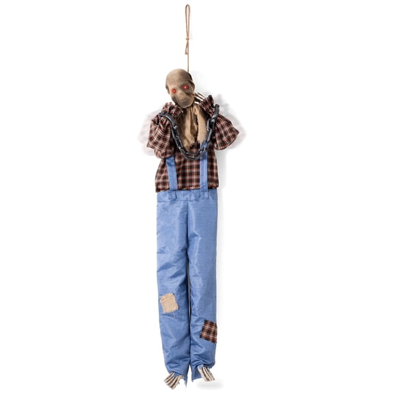 Halloween Decorations Animatronic Hanging Zombie with Chain, Sound Activated Scary with Red Eyes, Poseable Arms, Blue Denim Overalls & Checkered Shirt, Haunted House Graveyard Garden Halloween Decor