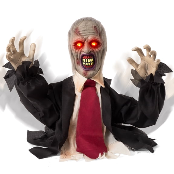 Halloween Decorations Animatronic Zombie Groundbreaker, Horror Animated Zombie Red Eyes Creepy Voice, Moving Head & Arms, Sound Activated Graveyard Porch Outdoor Haunted House Halloween Party Prop