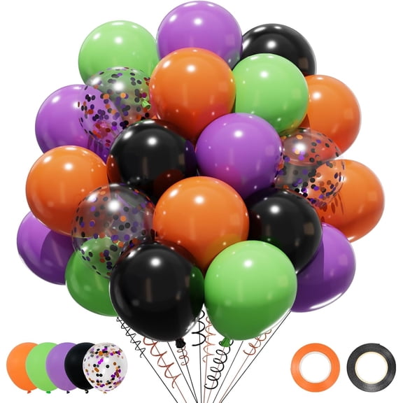 Halloween Decorations Balloons Set, 50 pcs 12 inch Purple Green Orange Black Confetti Latex Balloons Kit for Halloween Baby Shower Birthday Bachelorette Trick or Treat Party Supplies