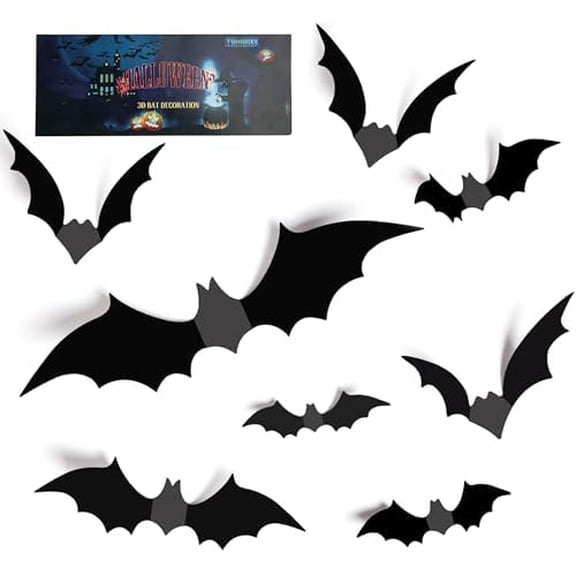 Halloween Decorations Bats Wall Decor Halloween Party Decorations Indoor Outdoor Decor Supplies, 64 Pcs Reusable PVC 3D Black Bats Stickers for Creepy Home Bathroom Decor