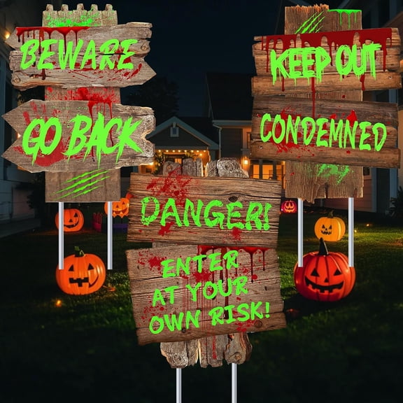 Halloween Decorations Beware Signs Yard Stakes Outdoor Creepy Assorted Warning Sign,Scary Zombie Theme Party Decor Supplies,3 Pieces